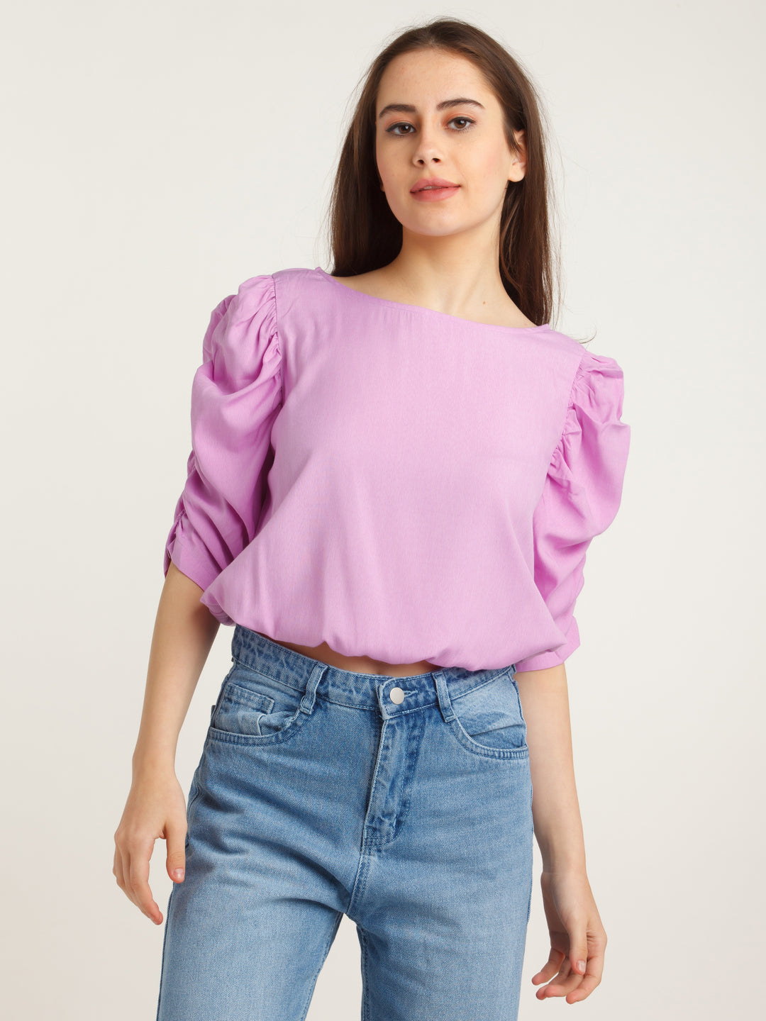 Purple Solid Puff Sleeve Top