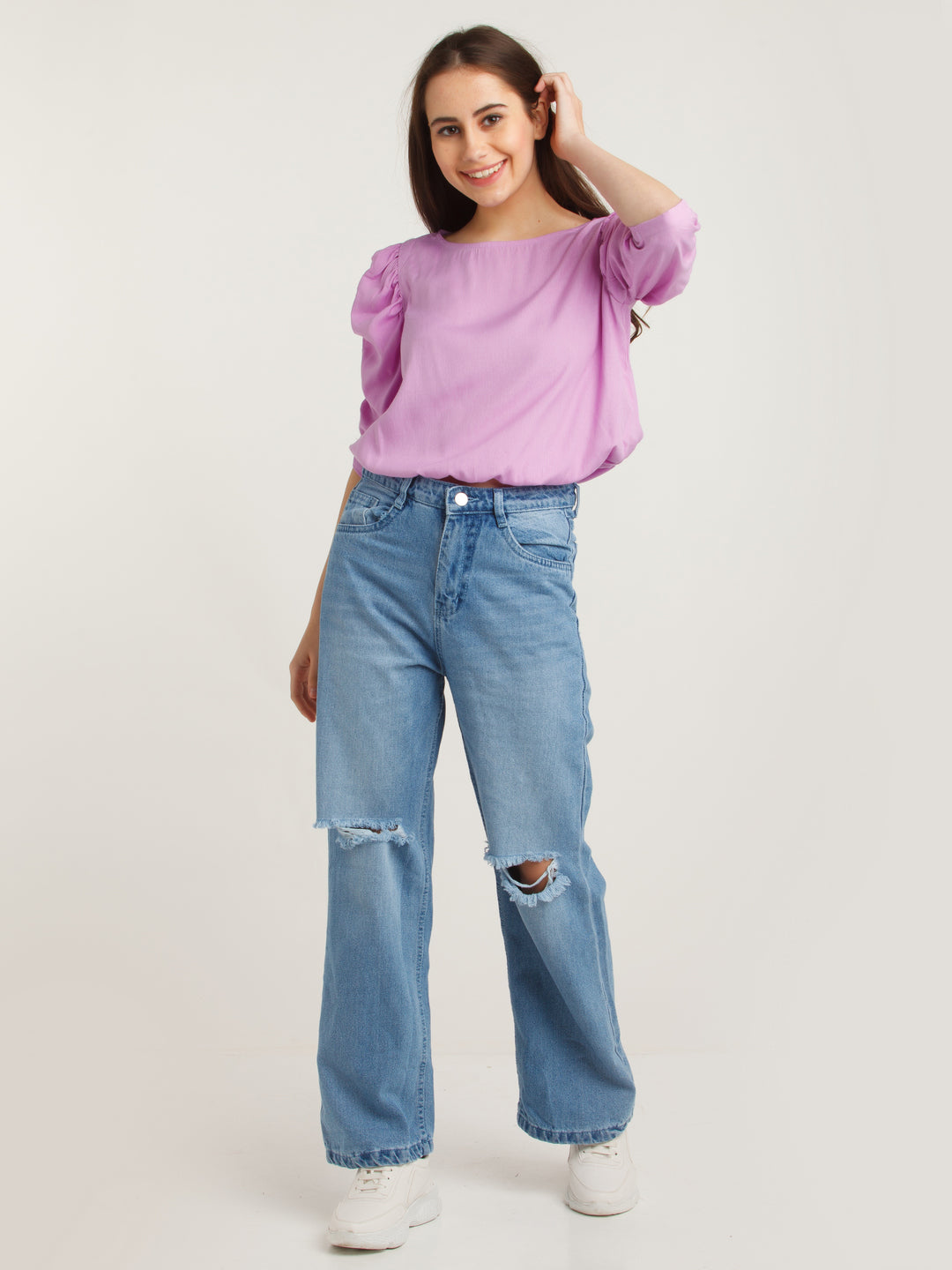 Purple Solid Puff Sleeve Top For Women