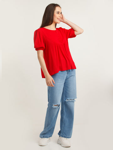 Red Solid Puff Sleeve Top For Women