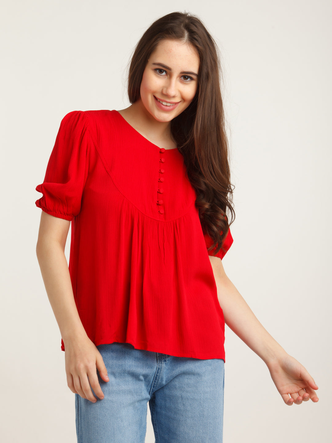 Red Solid Puff Sleeve Top