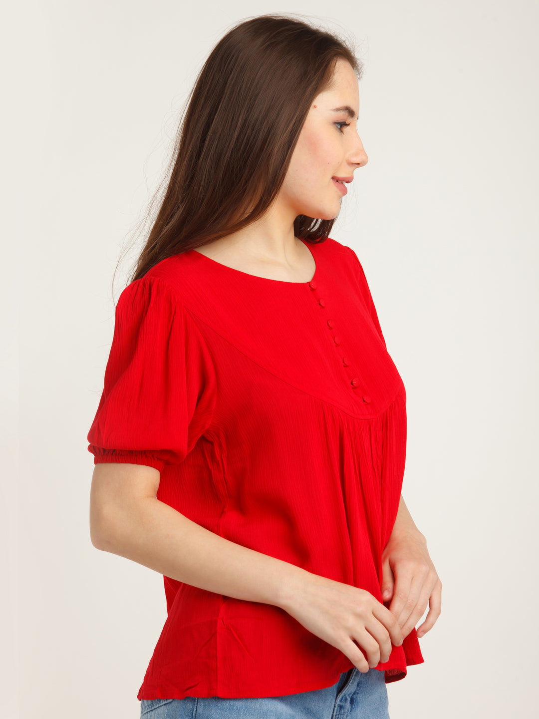 Red Solid Puff Sleeve Top