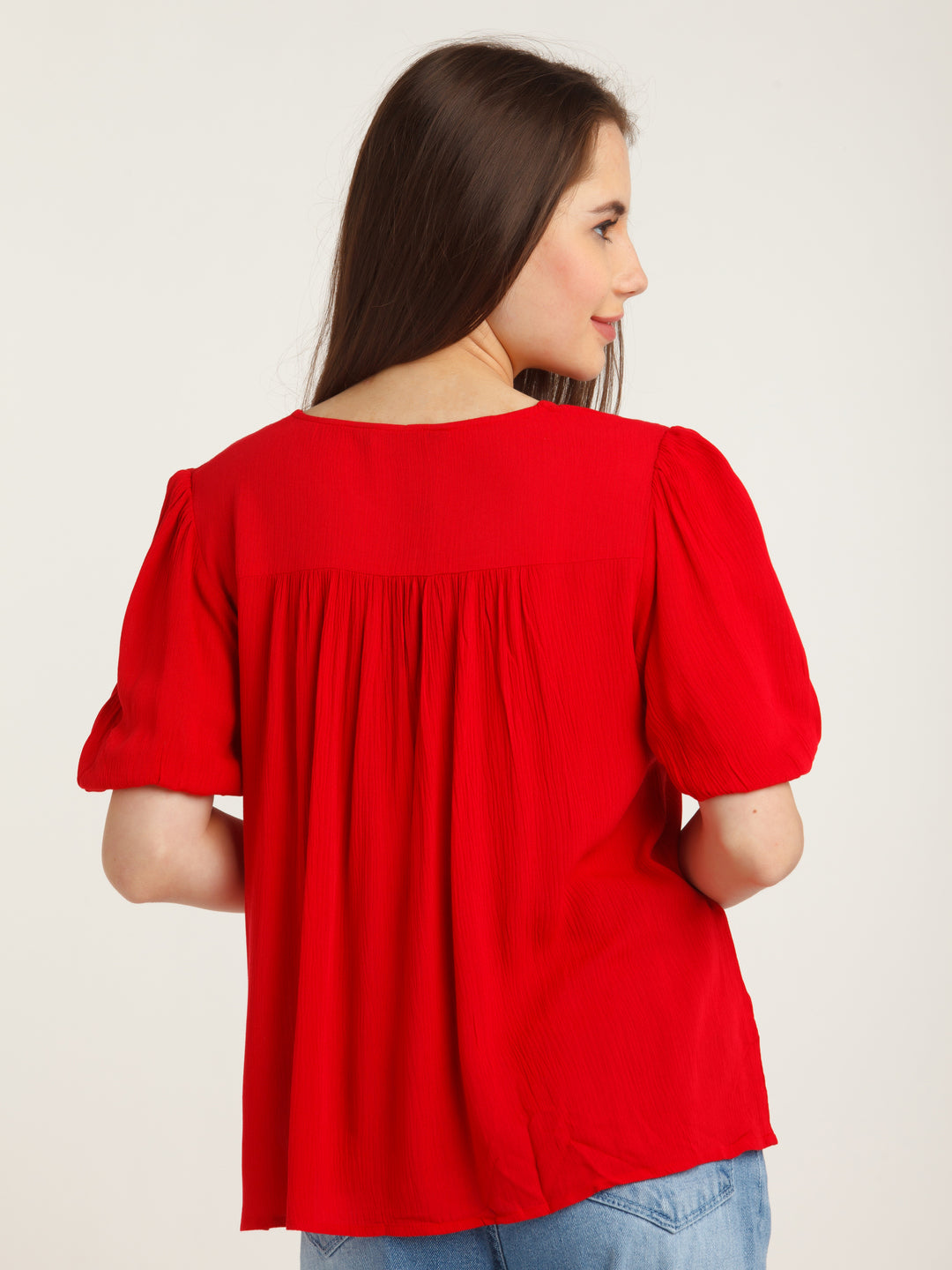 Red Solid Puff Sleeve Top