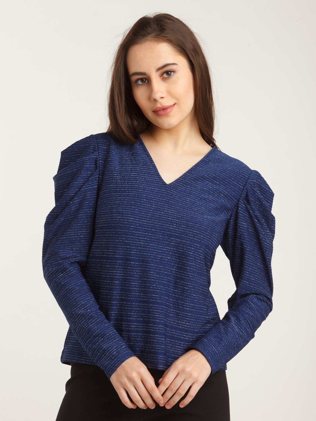 Navy Blue Embellished Puff Sleeve Top For Women