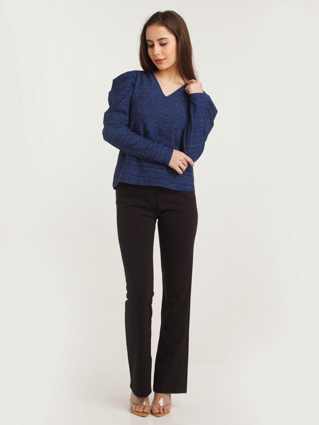 Navy Blue Embellished Puff Sleeve Top