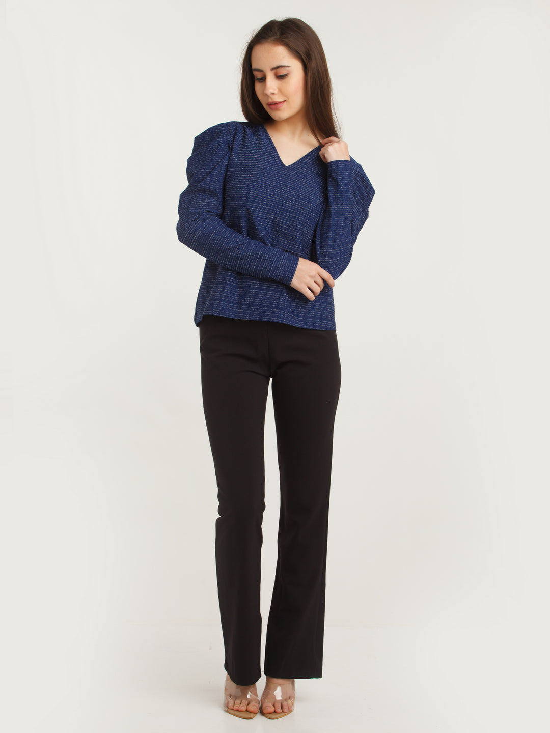 Navy Blue Embellished Puff Sleeve Top For Women