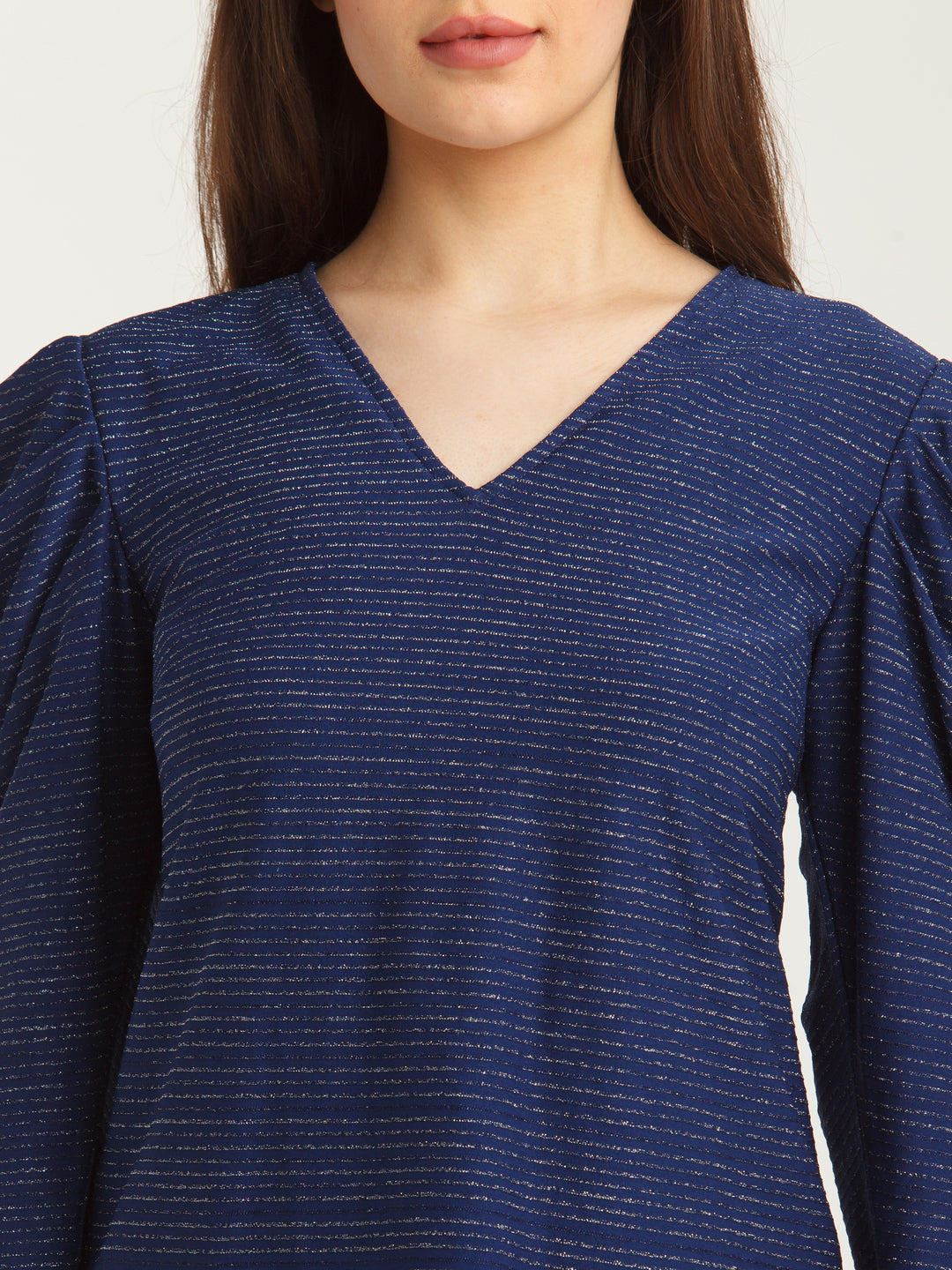 Navy Blue Embellished Puff Sleeve Top