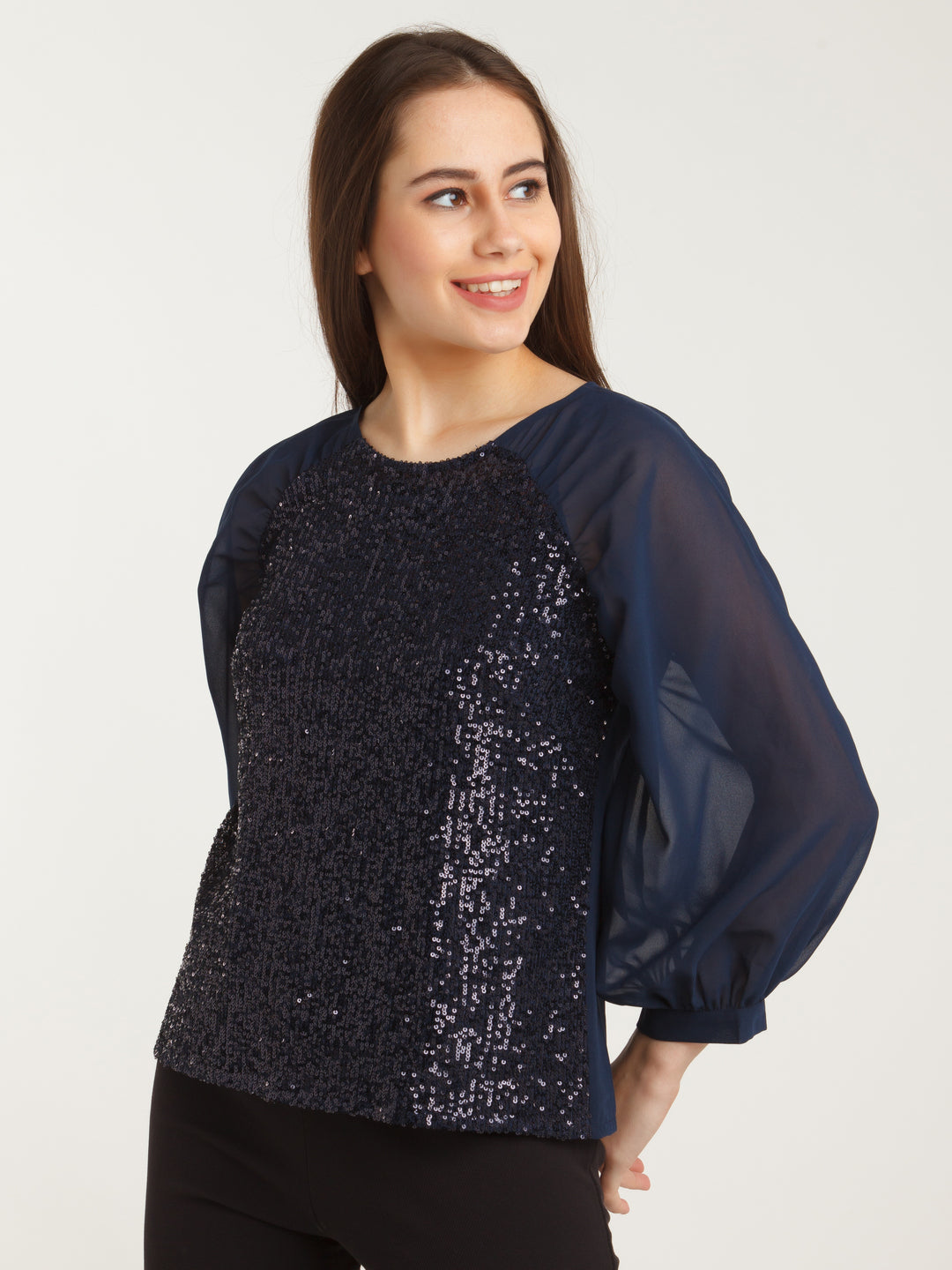 Navy Blue Embellished Straight Top