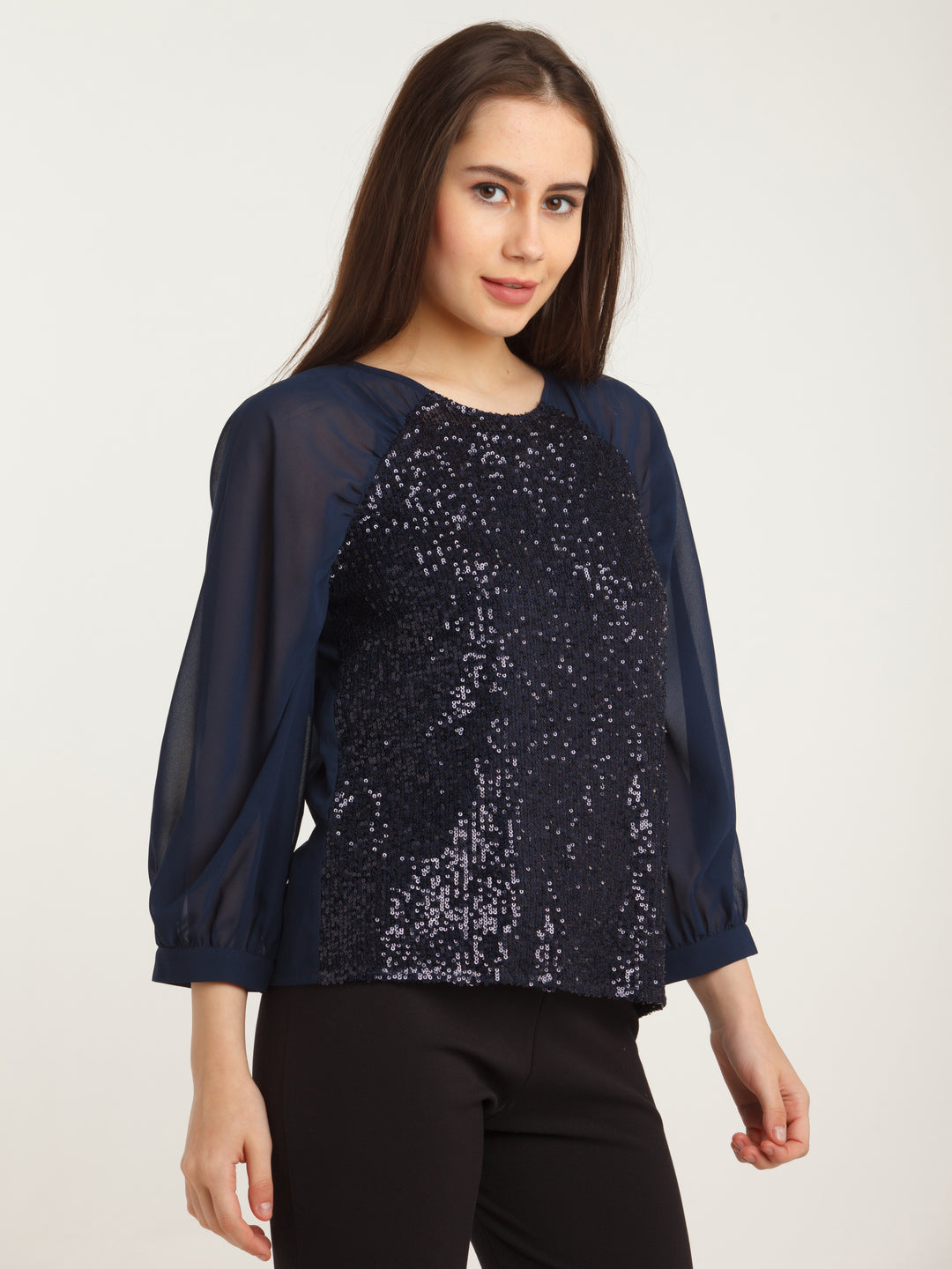 Navy Blue Embellished Straight Top