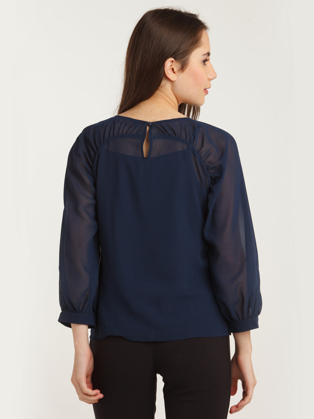 Navy Blue Embellished Straight Top For Women