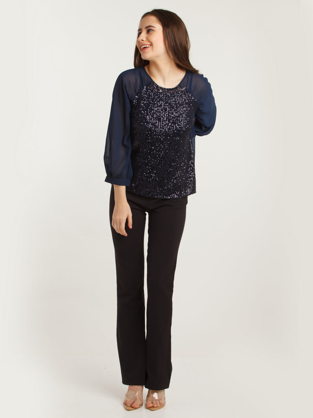 Navy Blue Embellished Straight Top For Women