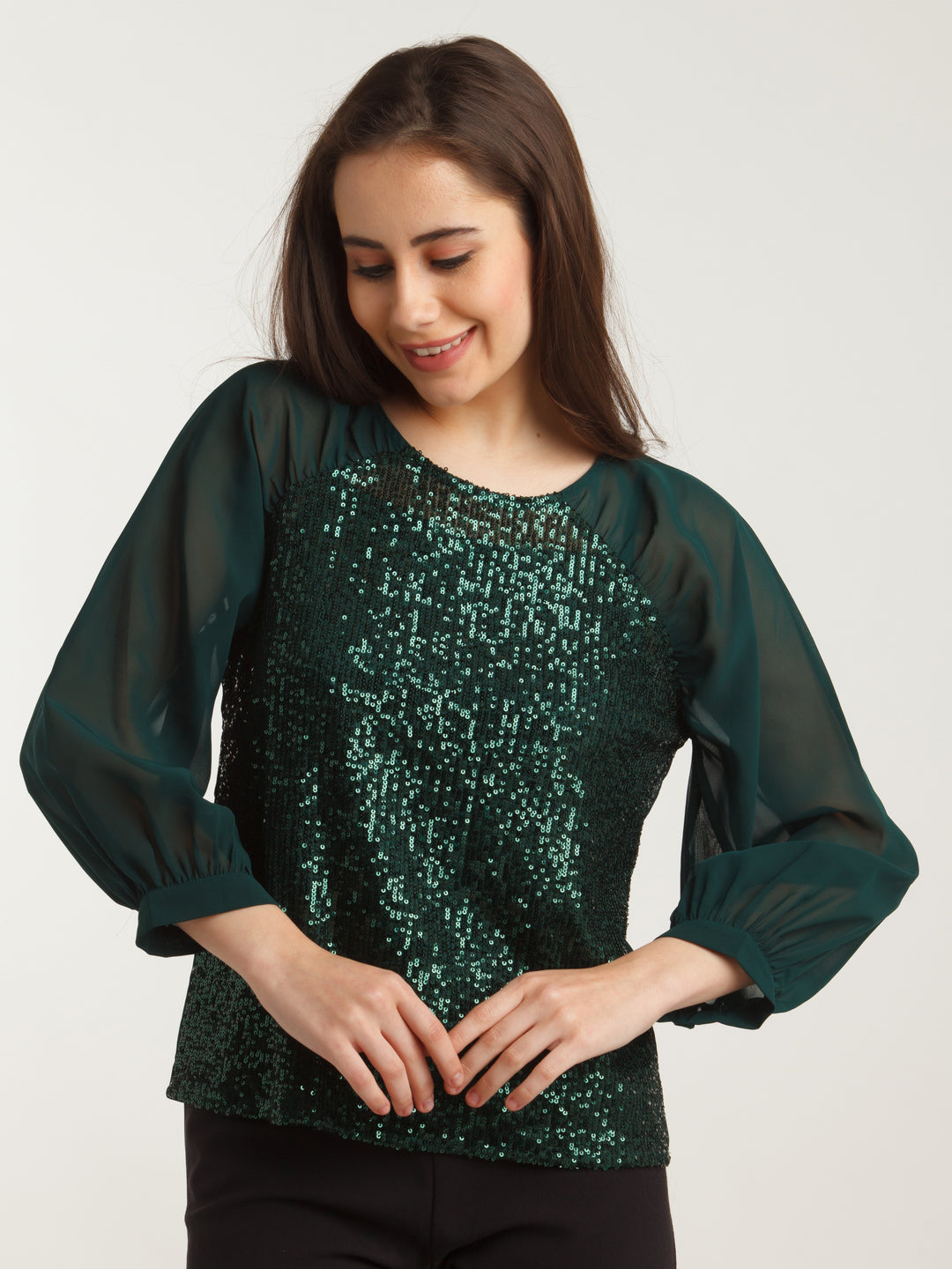 Green Embellished Straight Top For Women