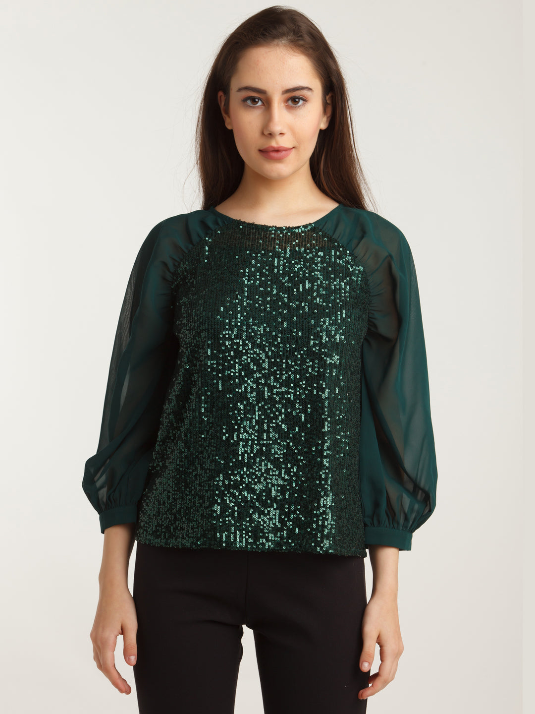 Green Embellished Straight Top