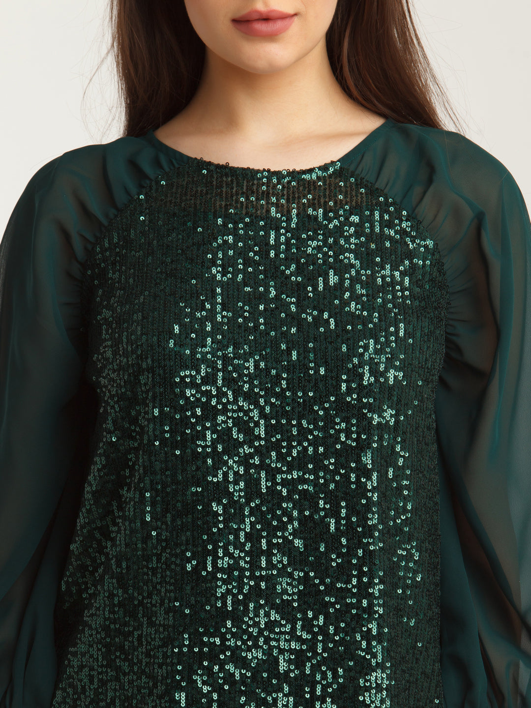 Green Embellished Straight Top For Women