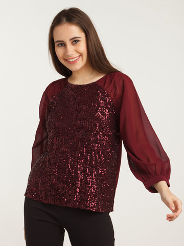 Maroon Embellished Straight Top For Women