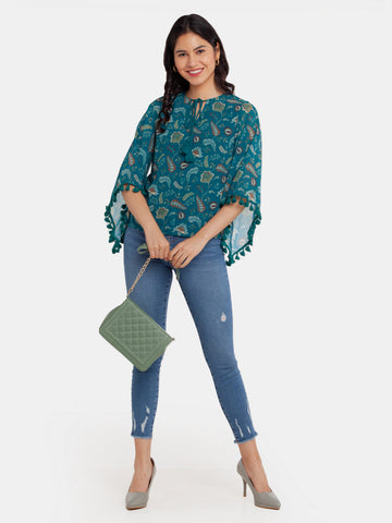 Green Printed Tie-Up Top For Women
