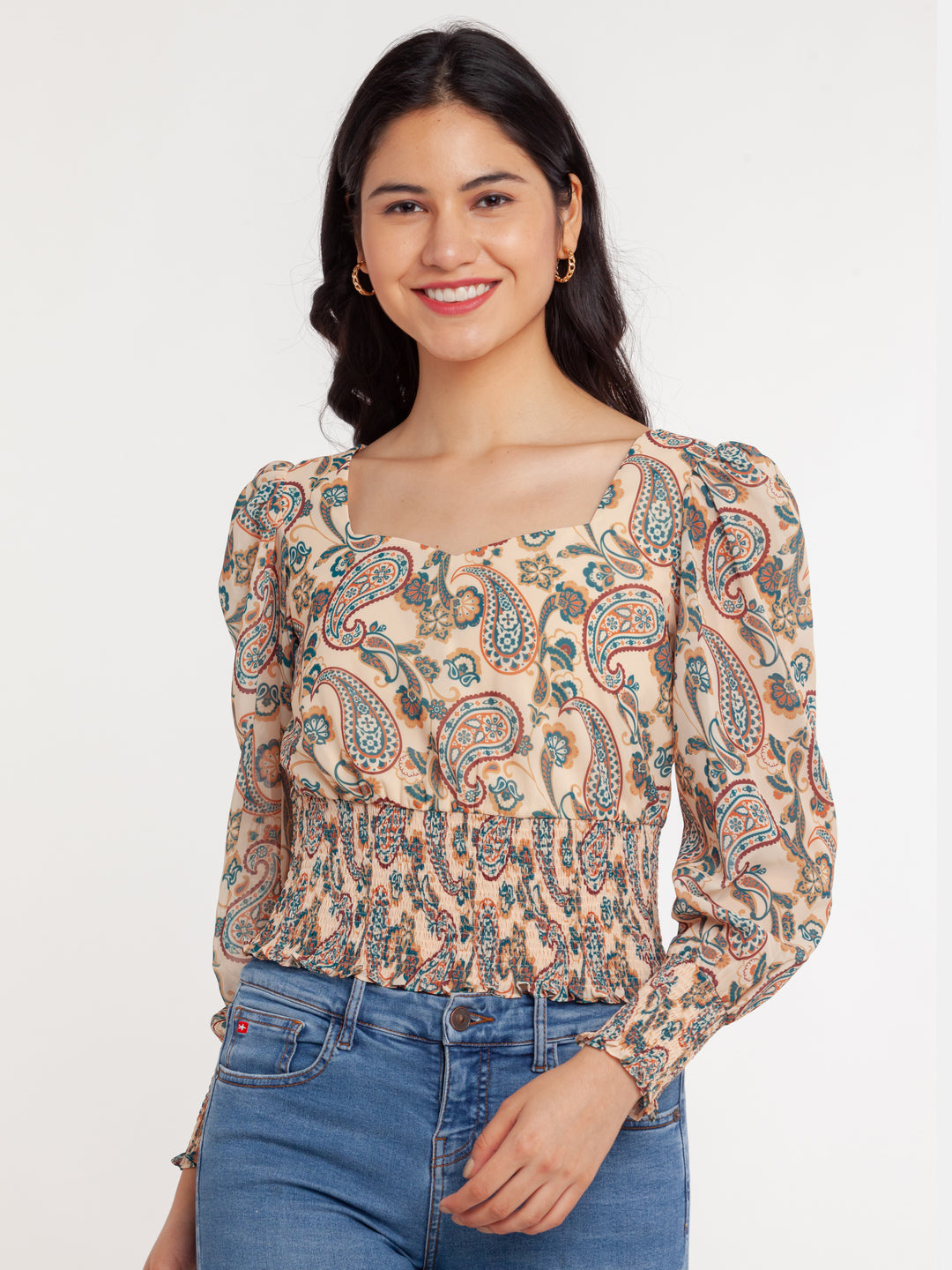 Beige Printed Smocking Top For Women