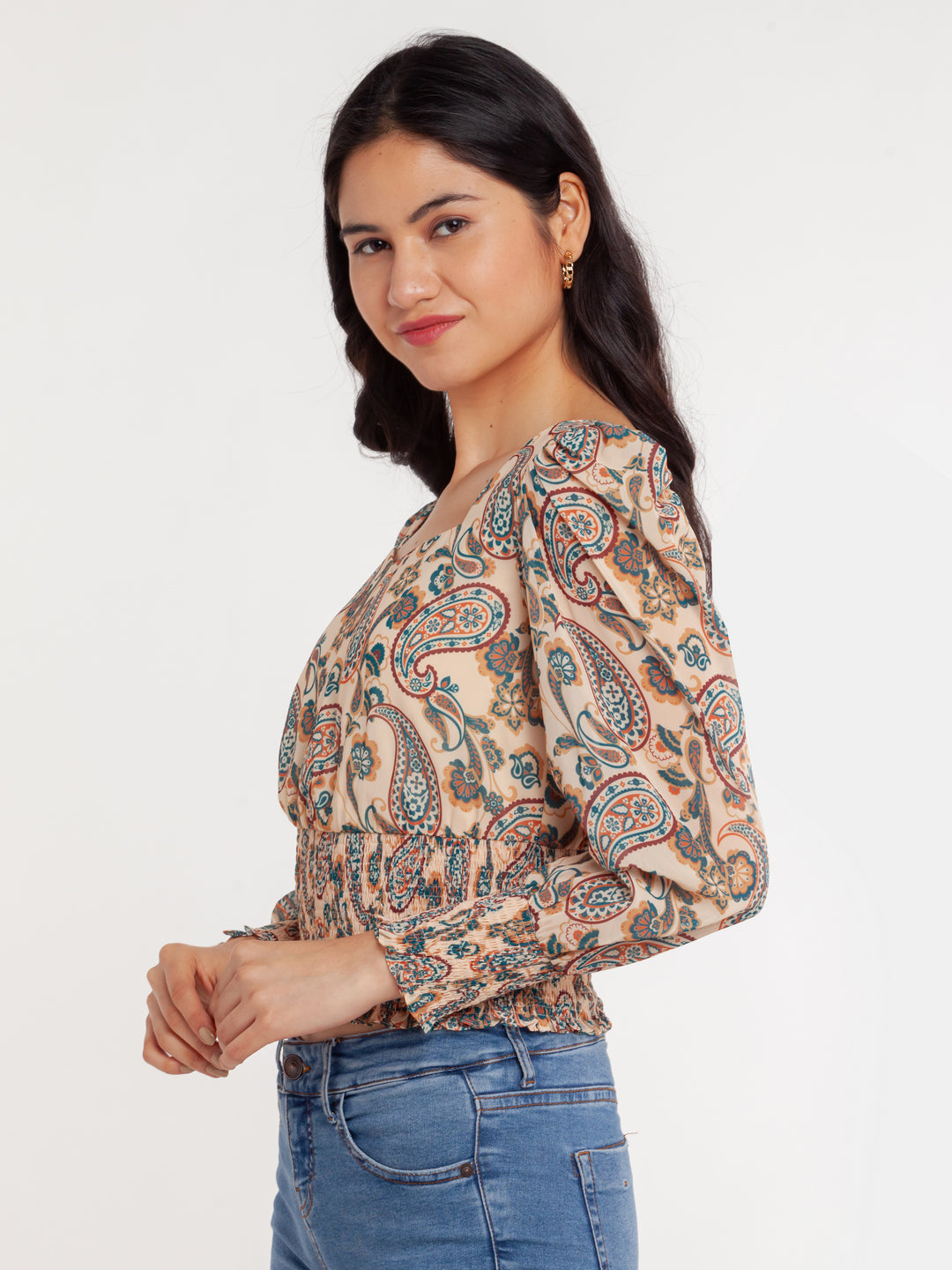 Beige Printed Smocking Top For Women