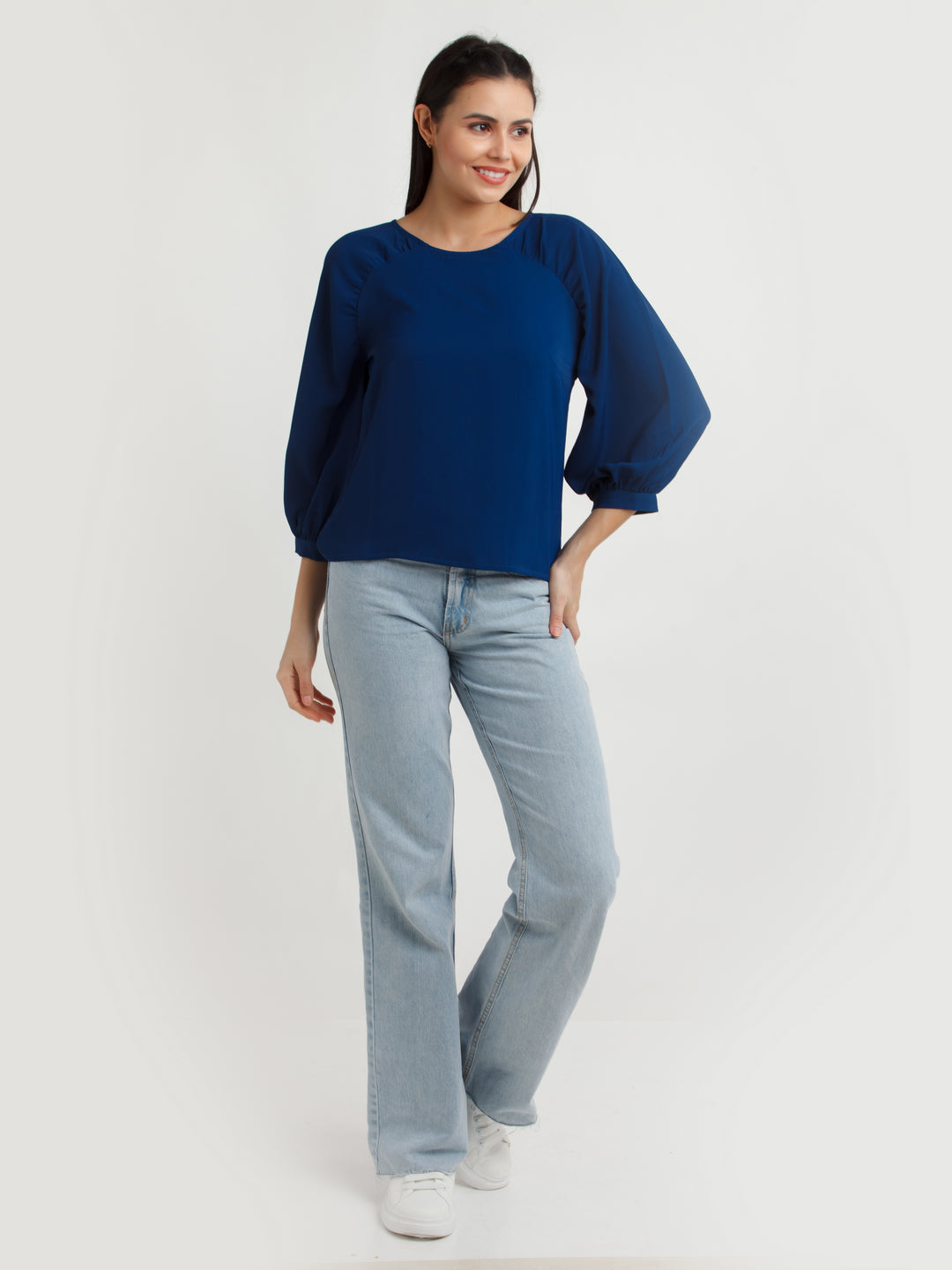 Navy Blue Solid Top For Women