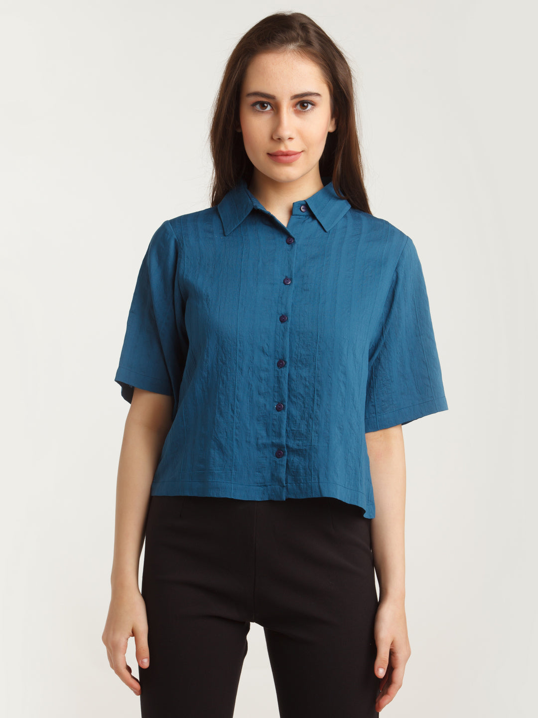 Navy Blue Solid Shirt For Women