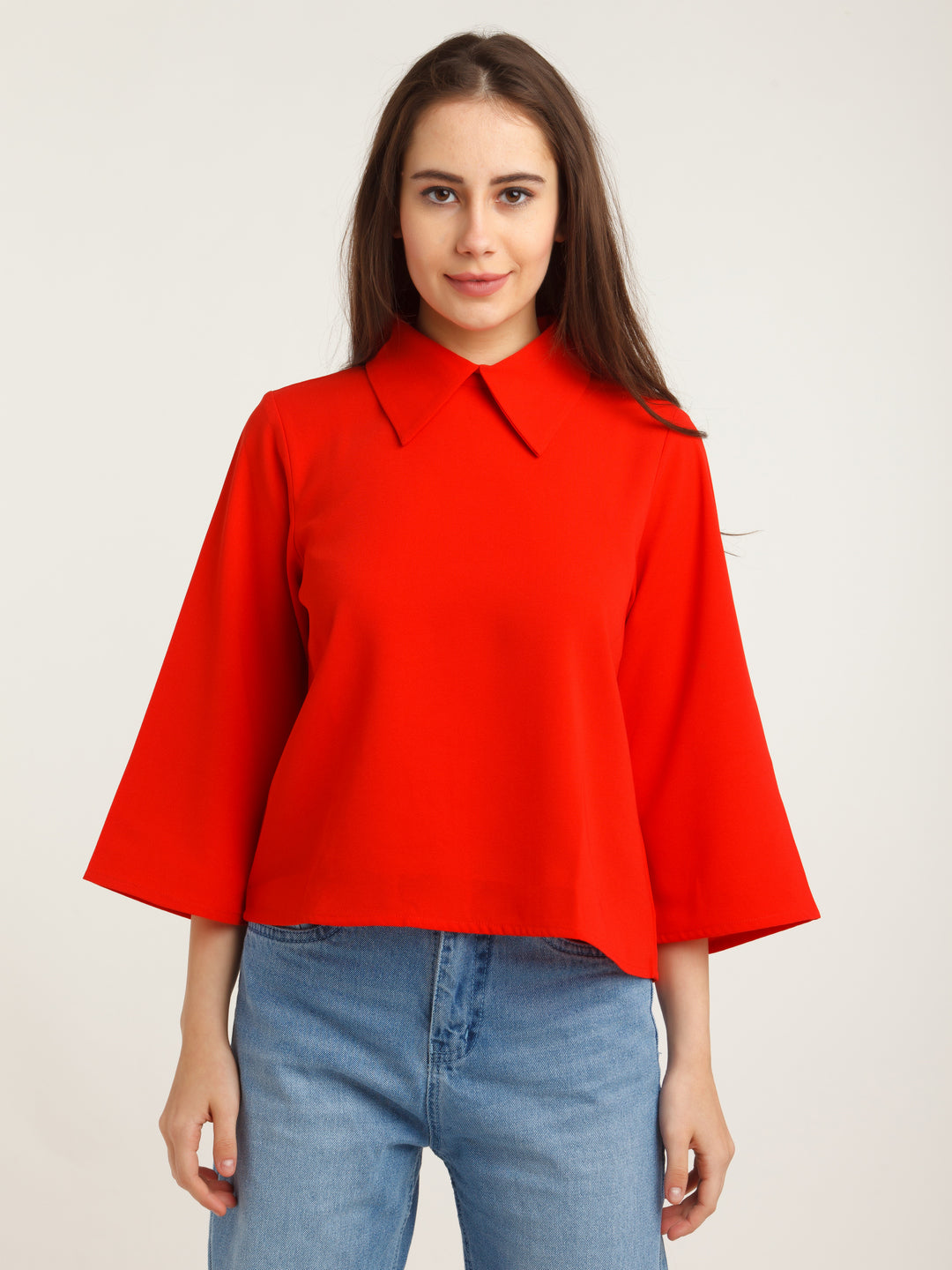 Red Solid Flared Sleeve Top