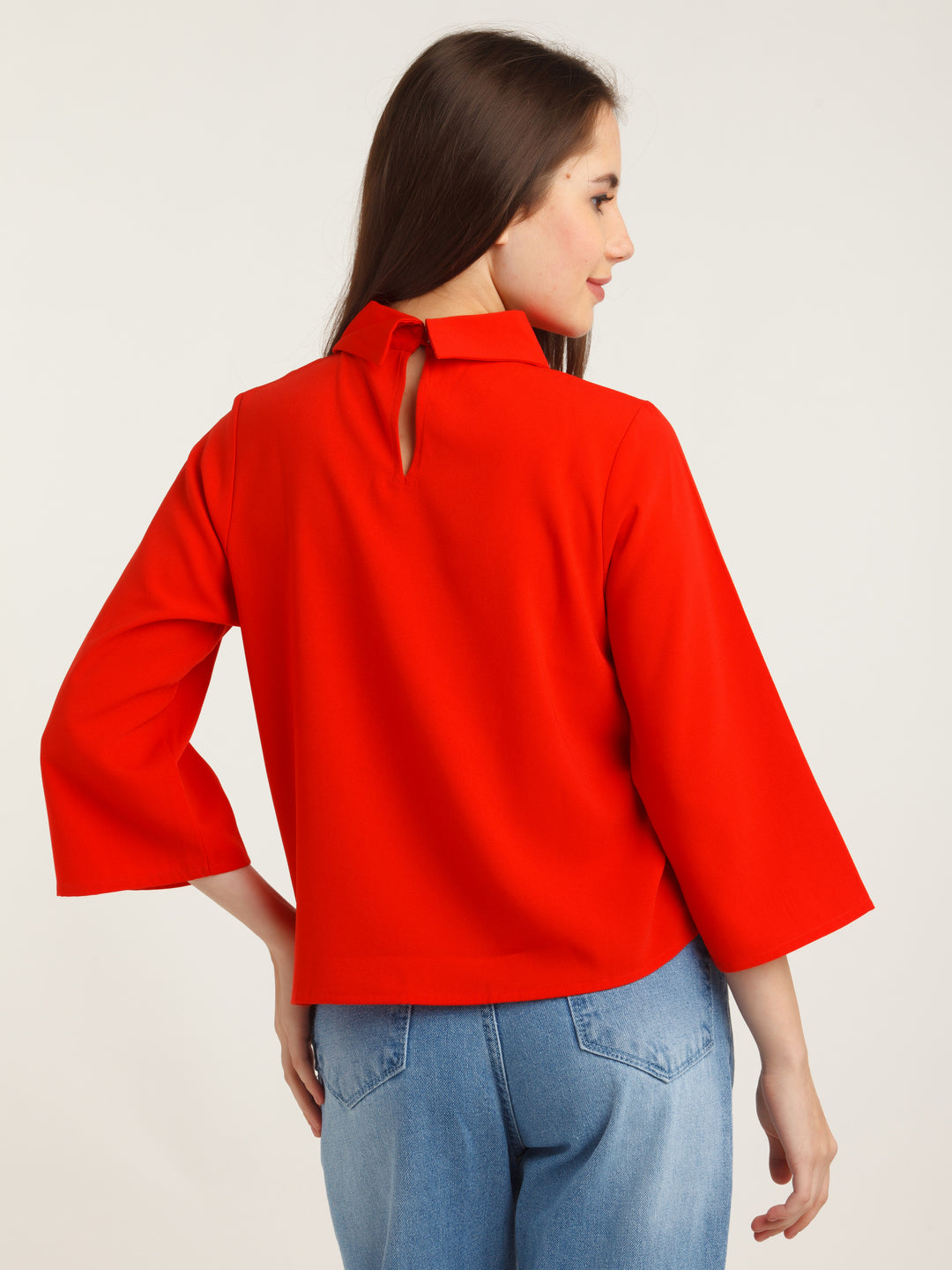 Red Solid Flared Sleeve Top For Women
