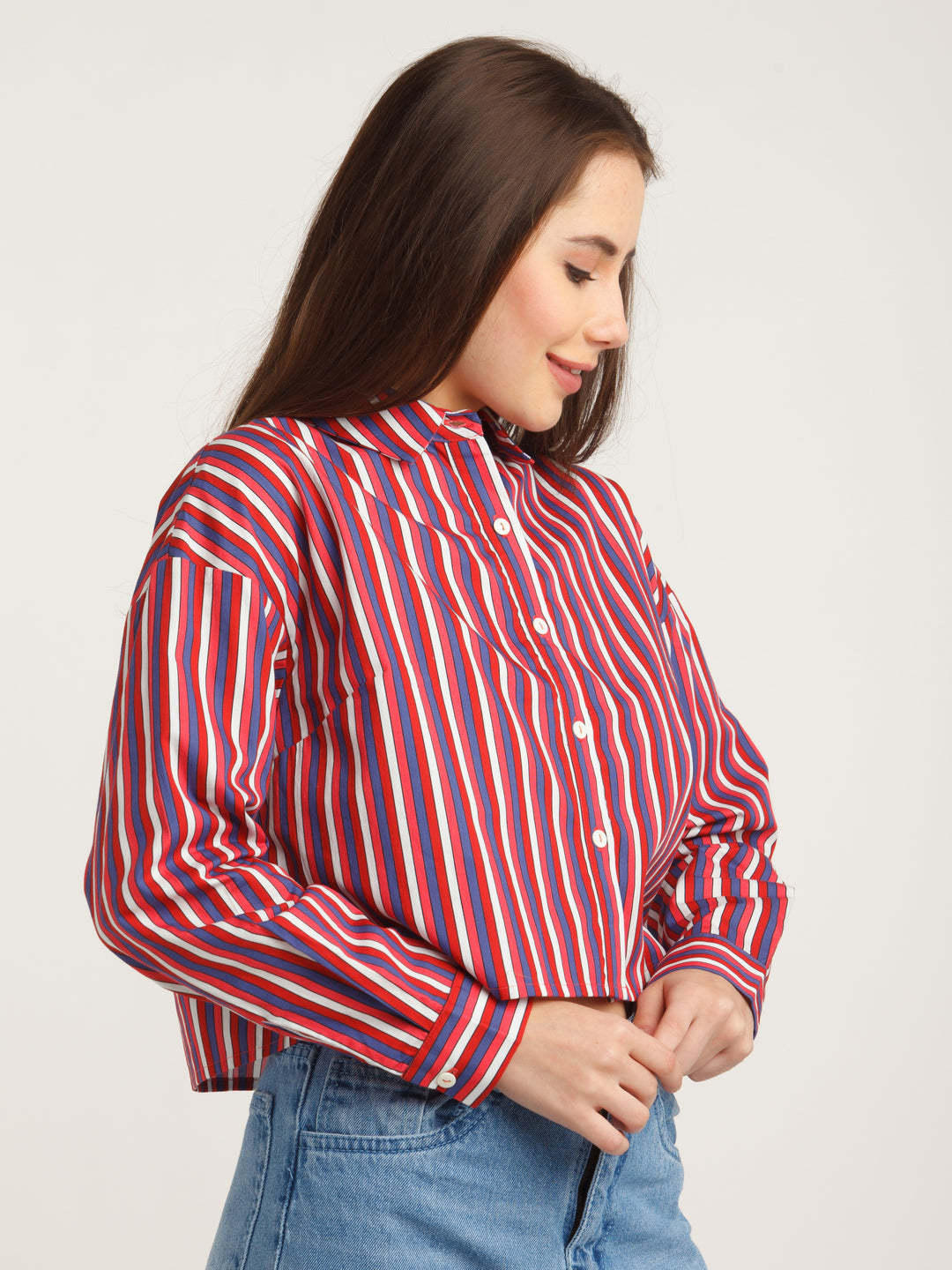 Multicolored Stripes Cropped Shirt For Women