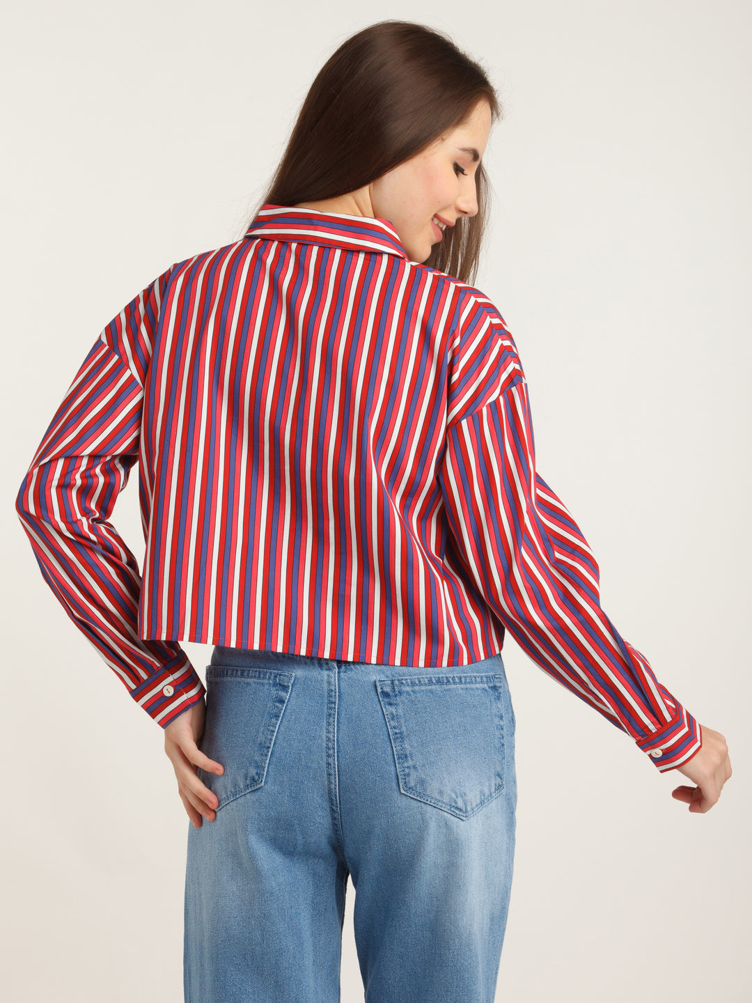 Multicolored Stripes Cropped Shirt For Women
