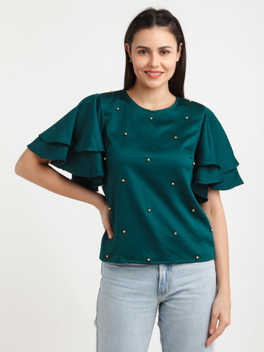 Green Embellished Top For Women