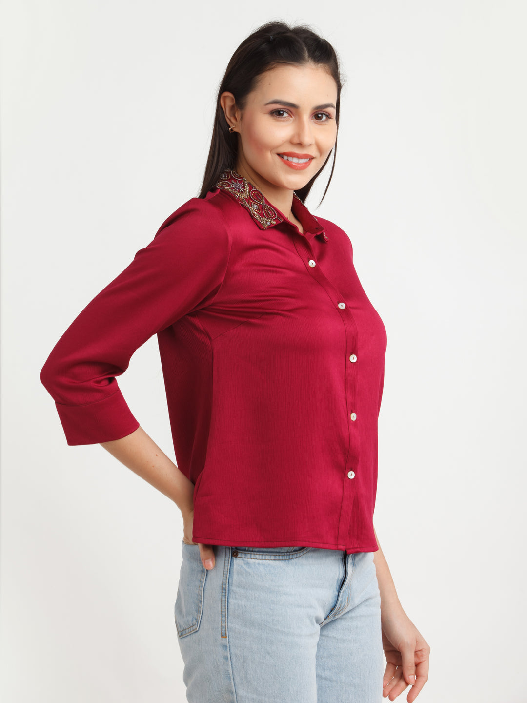 Maroon Embellished Shirt Top For Women