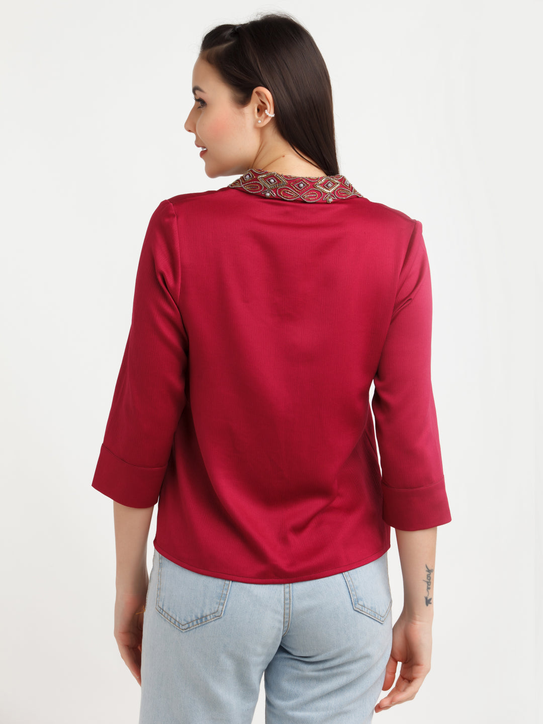 Maroon Embellished Shirt Top For Women