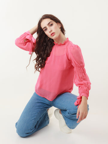 Coral Solid Tie-Up Top For Women