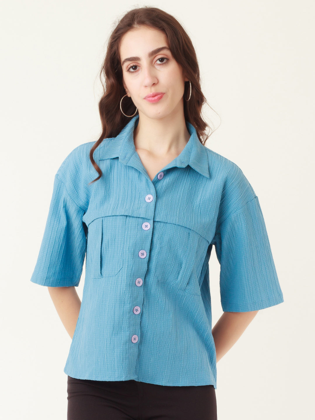Blue Solid Utility Shirt For Women