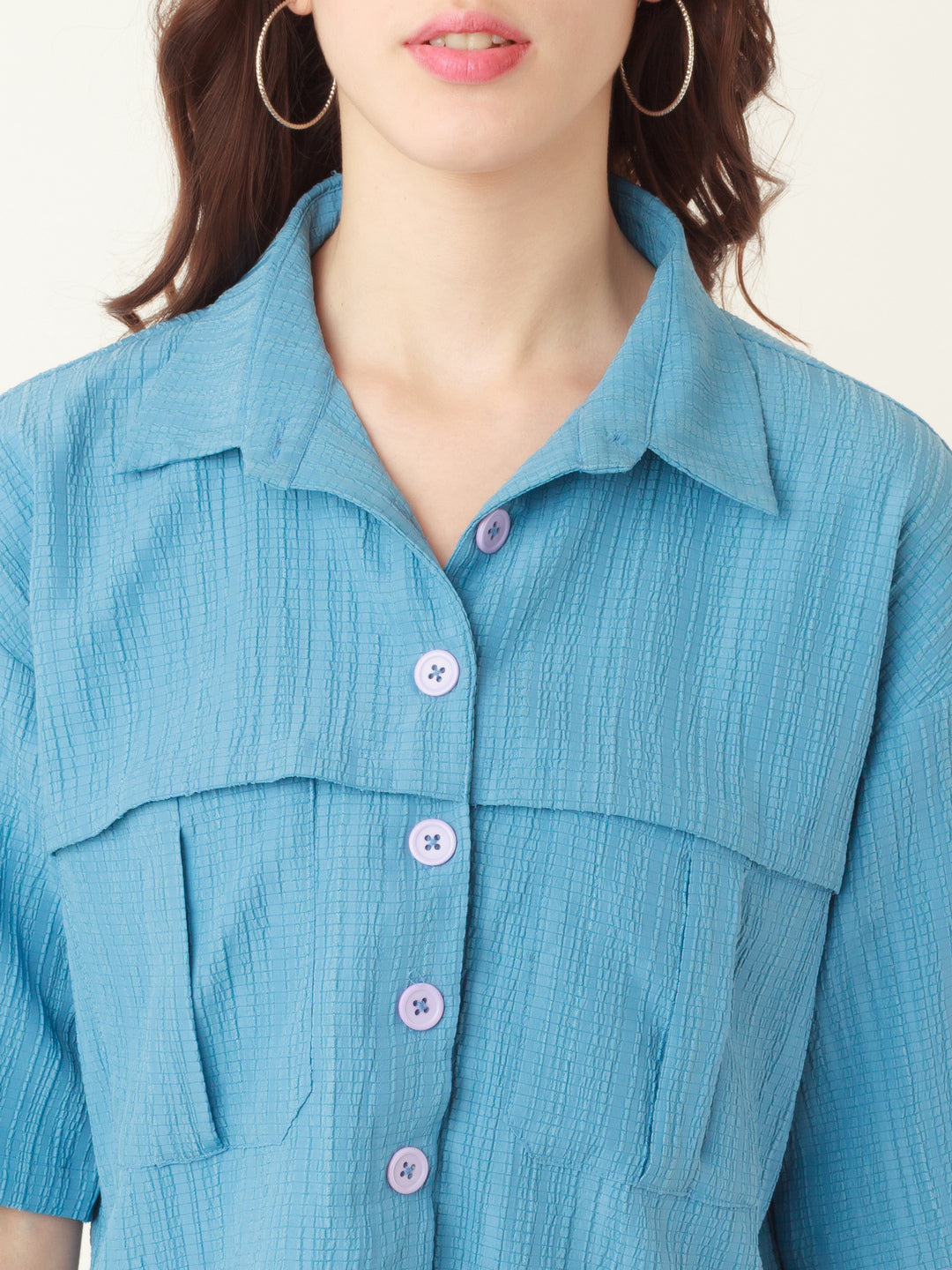 Blue Solid Utility Shirt For Women