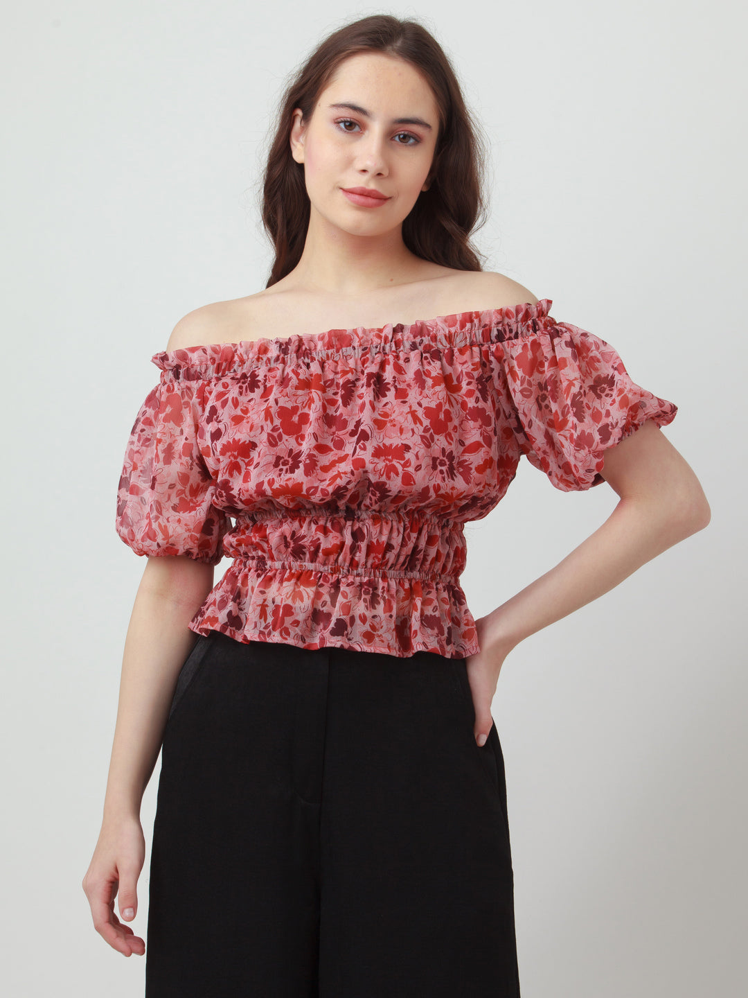 Pink Printed Off Shoulder Top