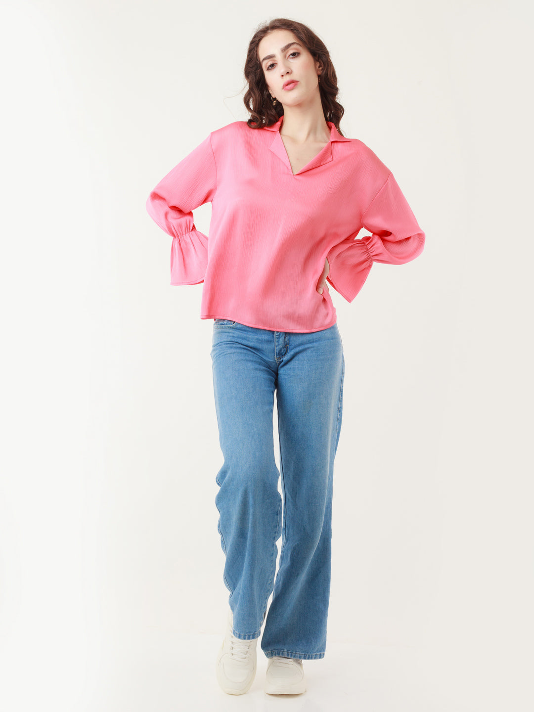 Coral Solid Flared Sleeve Top