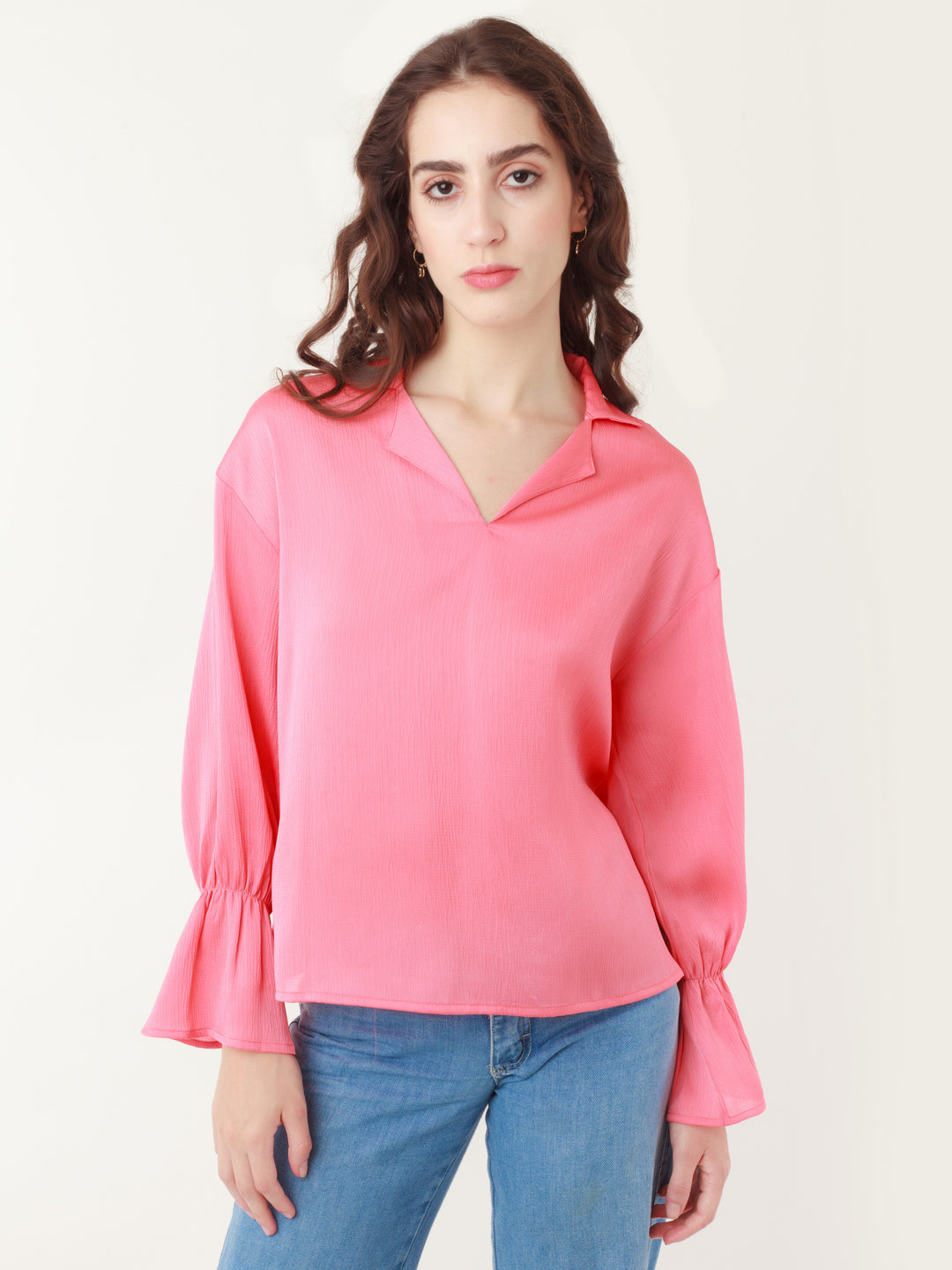 Coral Solid Flared Sleeve Top