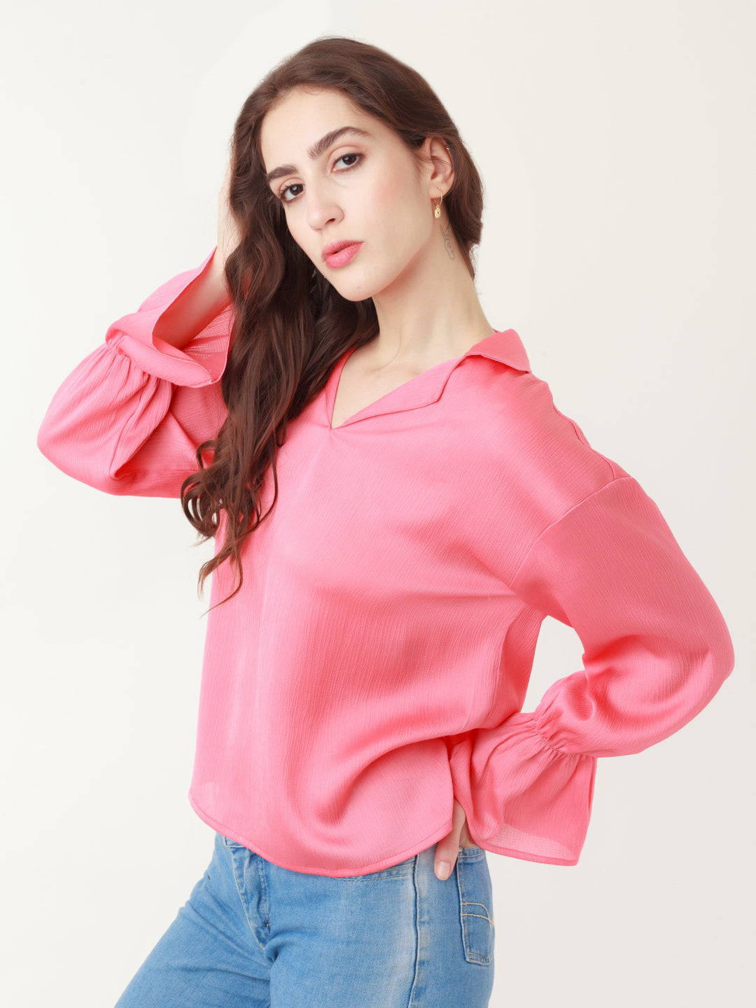 Coral Solid Flared Sleeve Top For Women