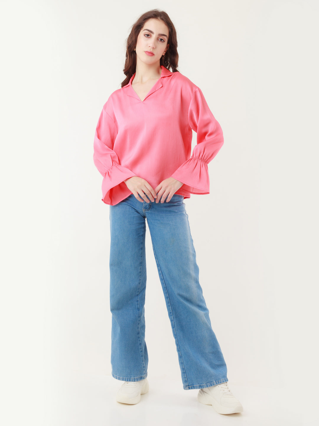 Coral Solid Flared Sleeve Top