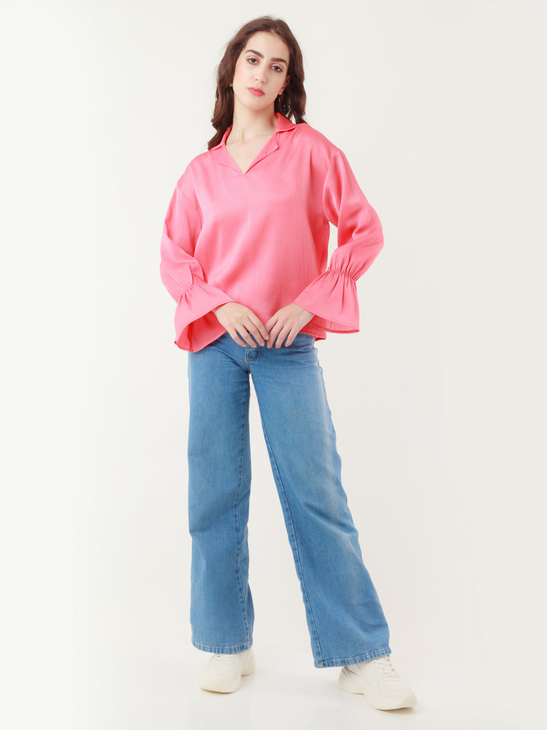 Coral Solid Flared Sleeve Top For Women