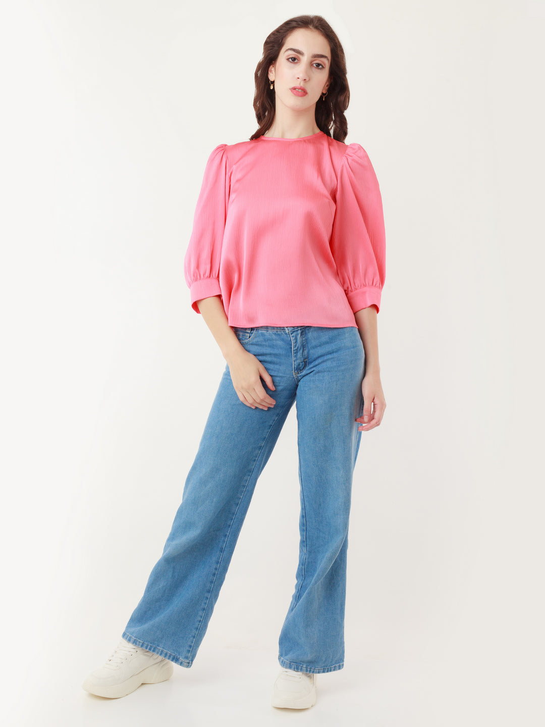 Coral Solid Puff Sleeve Shirt