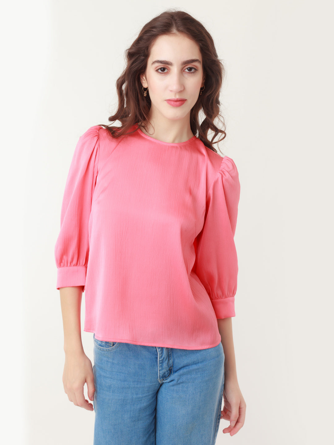 Coral Solid Puff Sleeve Shirt