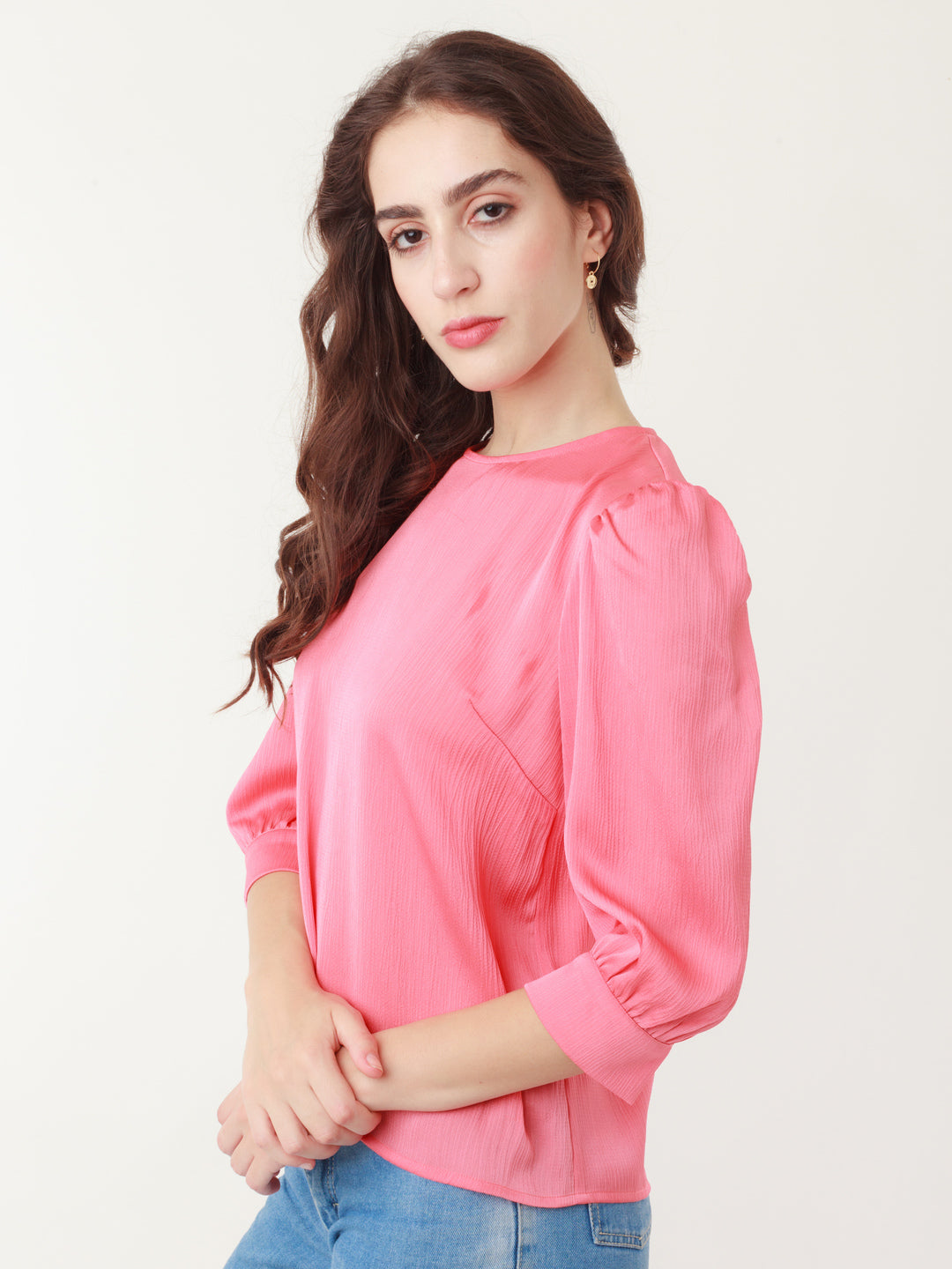 Coral Solid Puff Sleeve Shirt