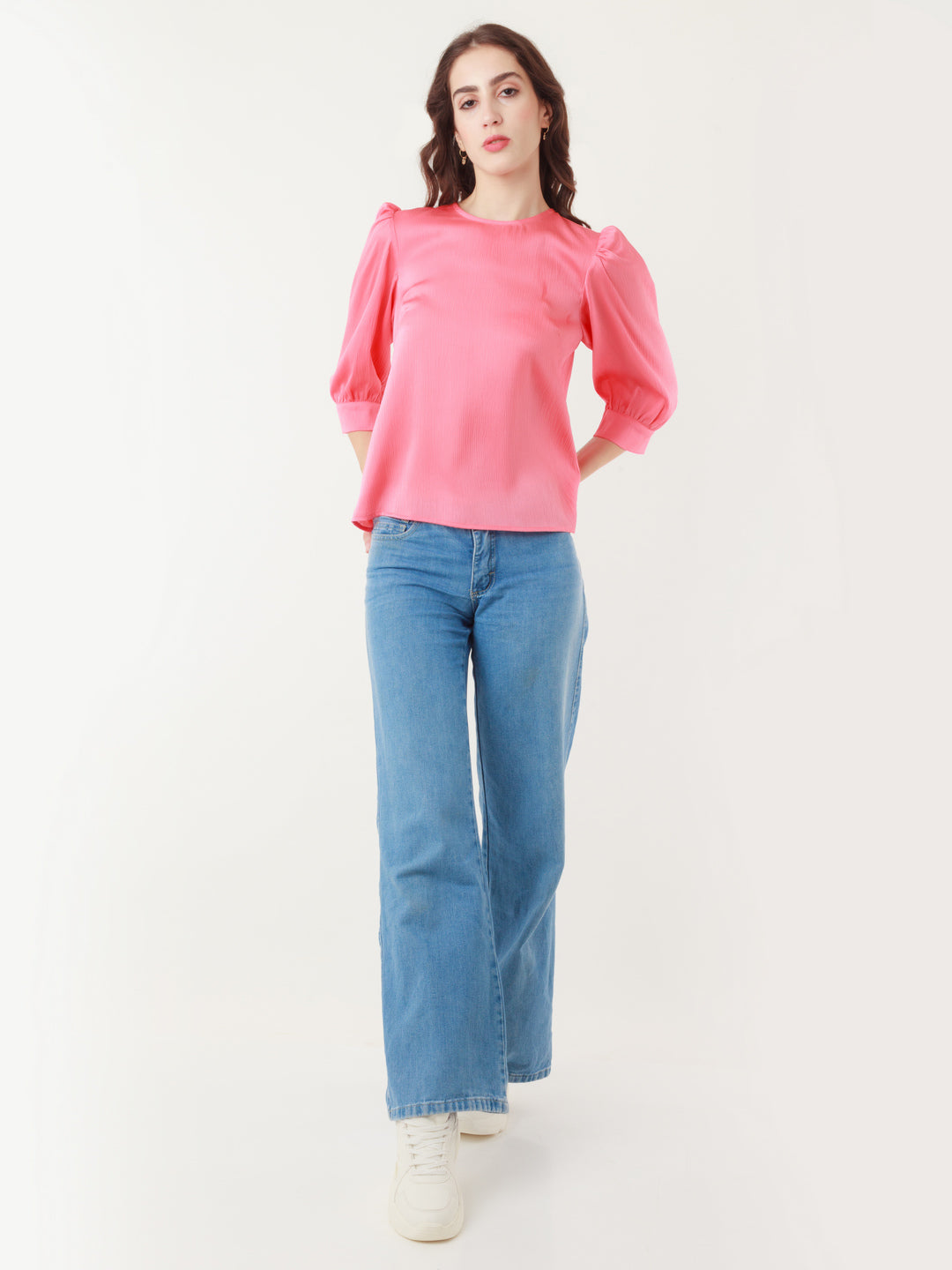 Coral Solid Puff Sleeve Shirt