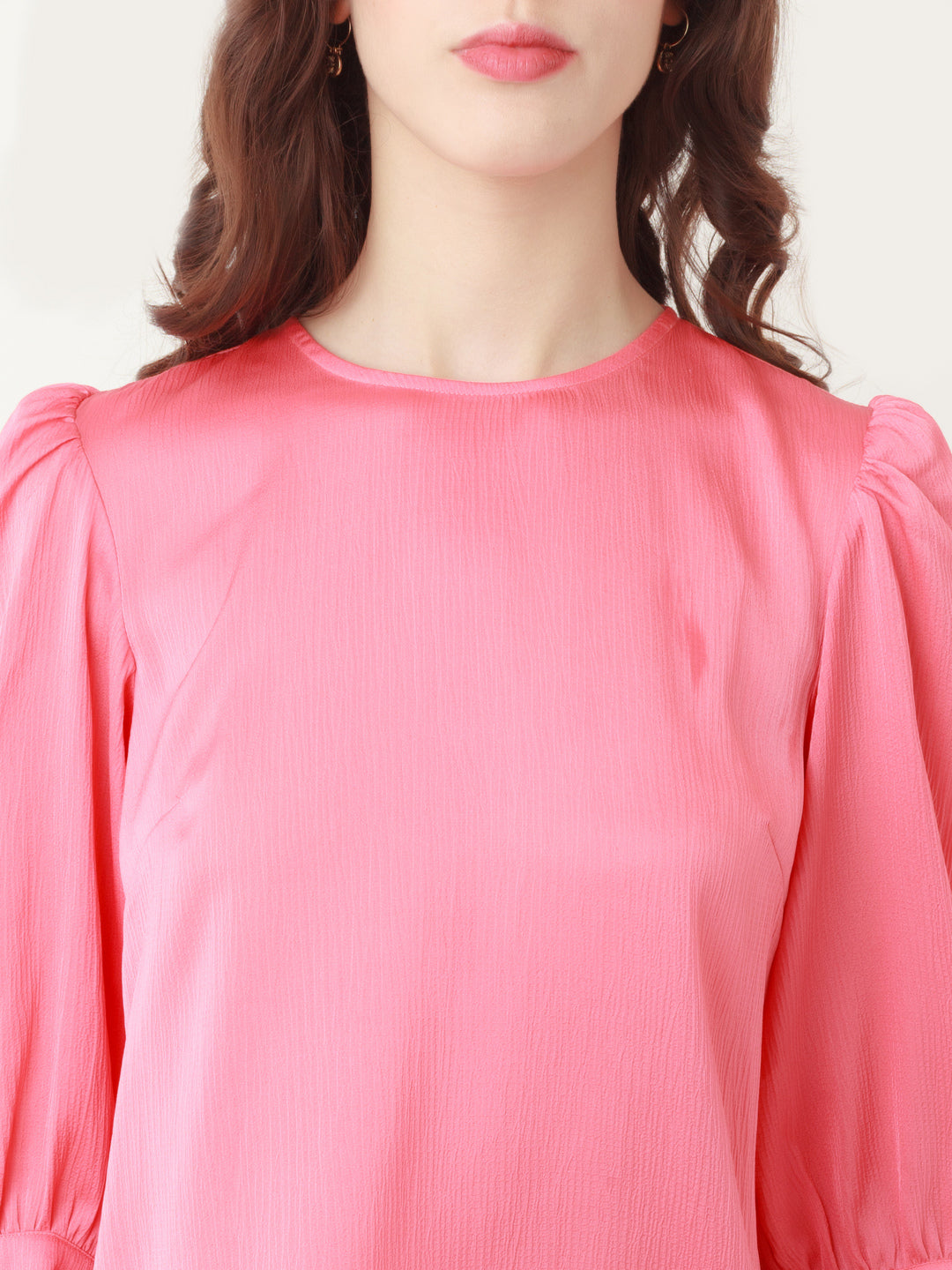 Coral Solid Puff Sleeve Shirt