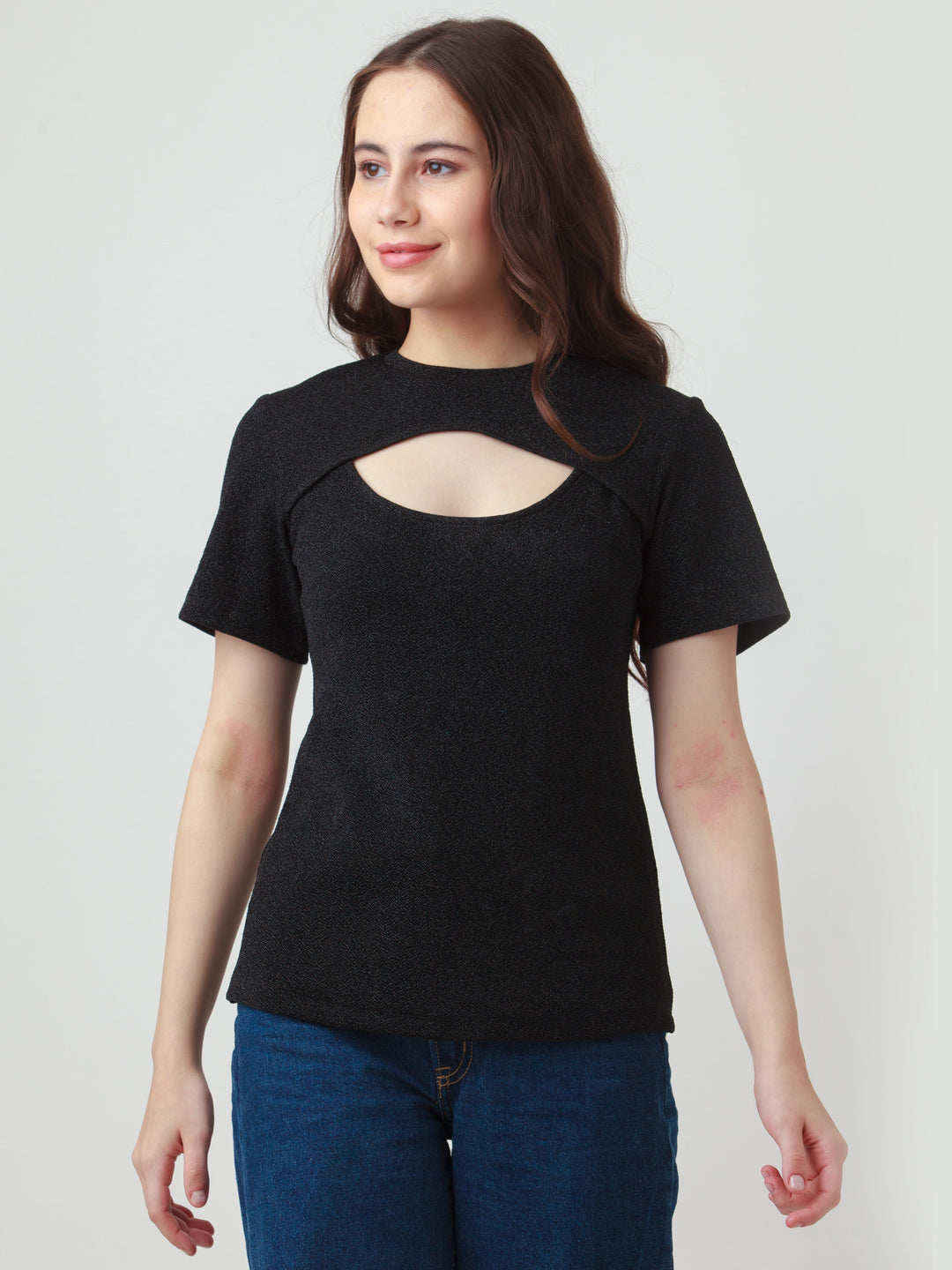 Black Solid Cut Out Top For Women