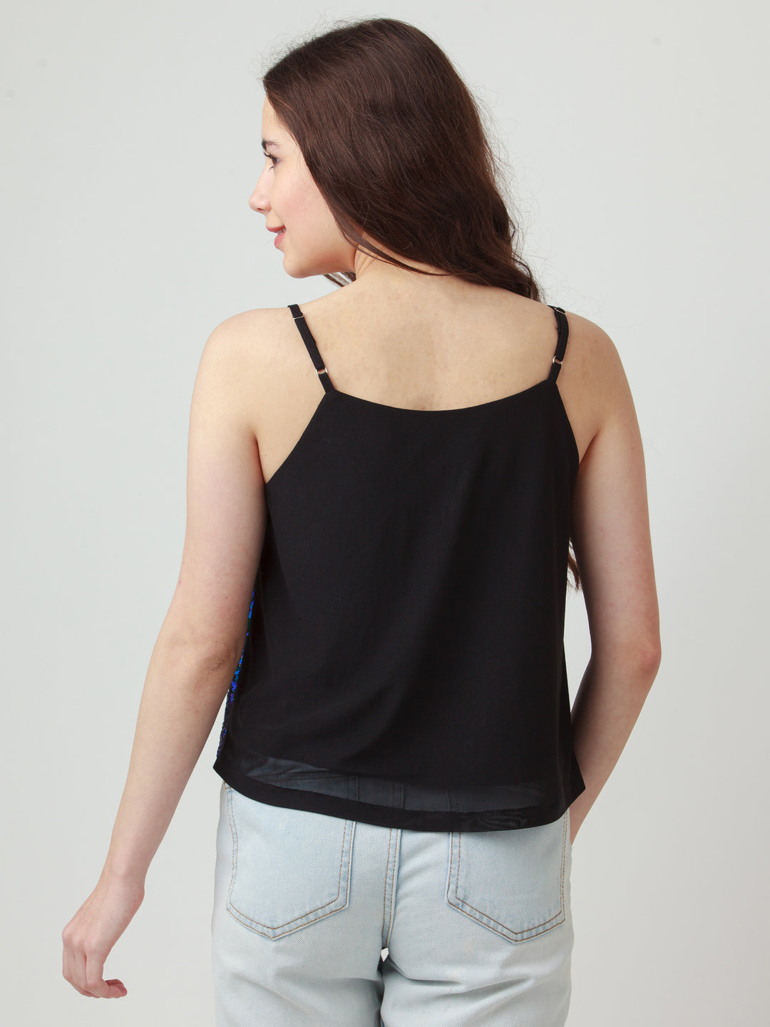 Black Embellished Strappy Top For Women