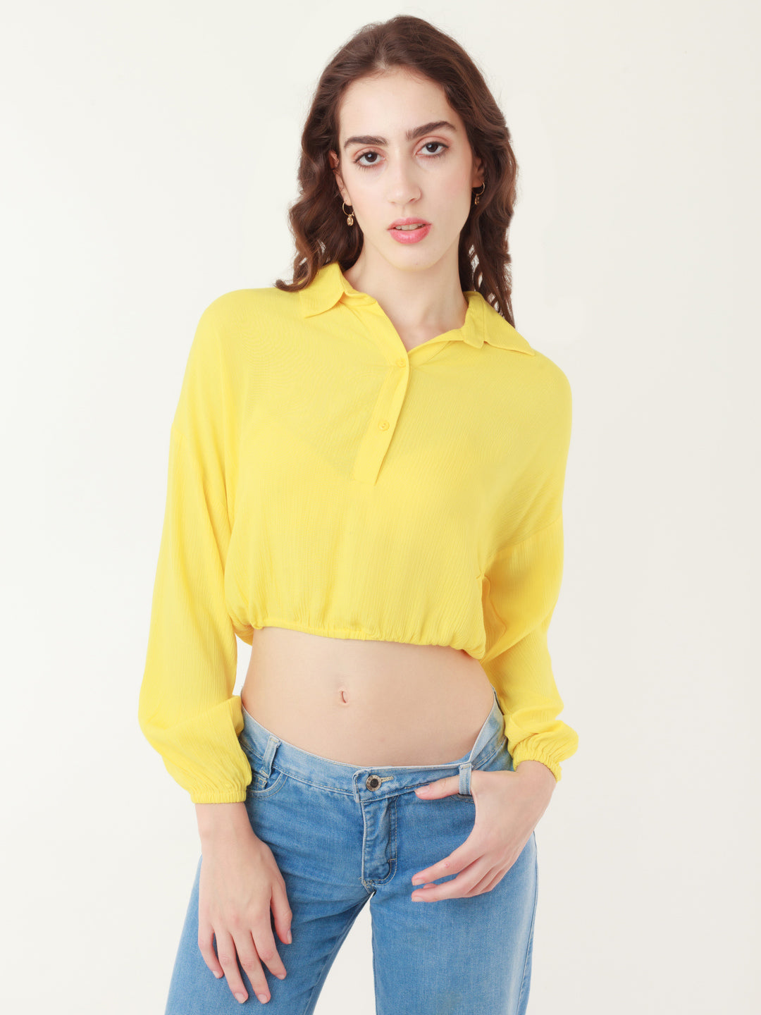 Yellow Solid Elasticated Top For Women