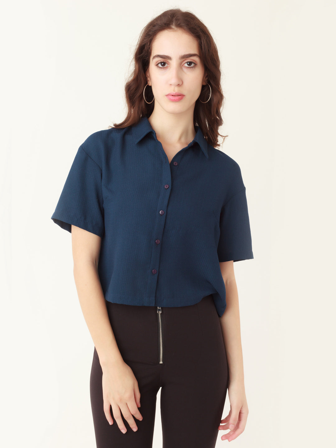 Blue Solid Cropped Top For Women