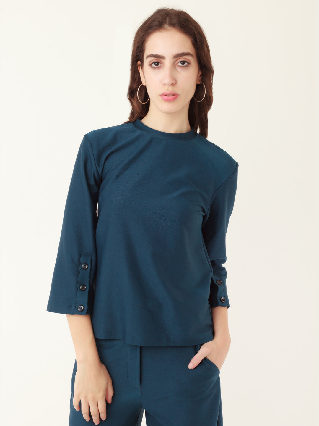 Blue Solid Slit Sleeve Top For Women