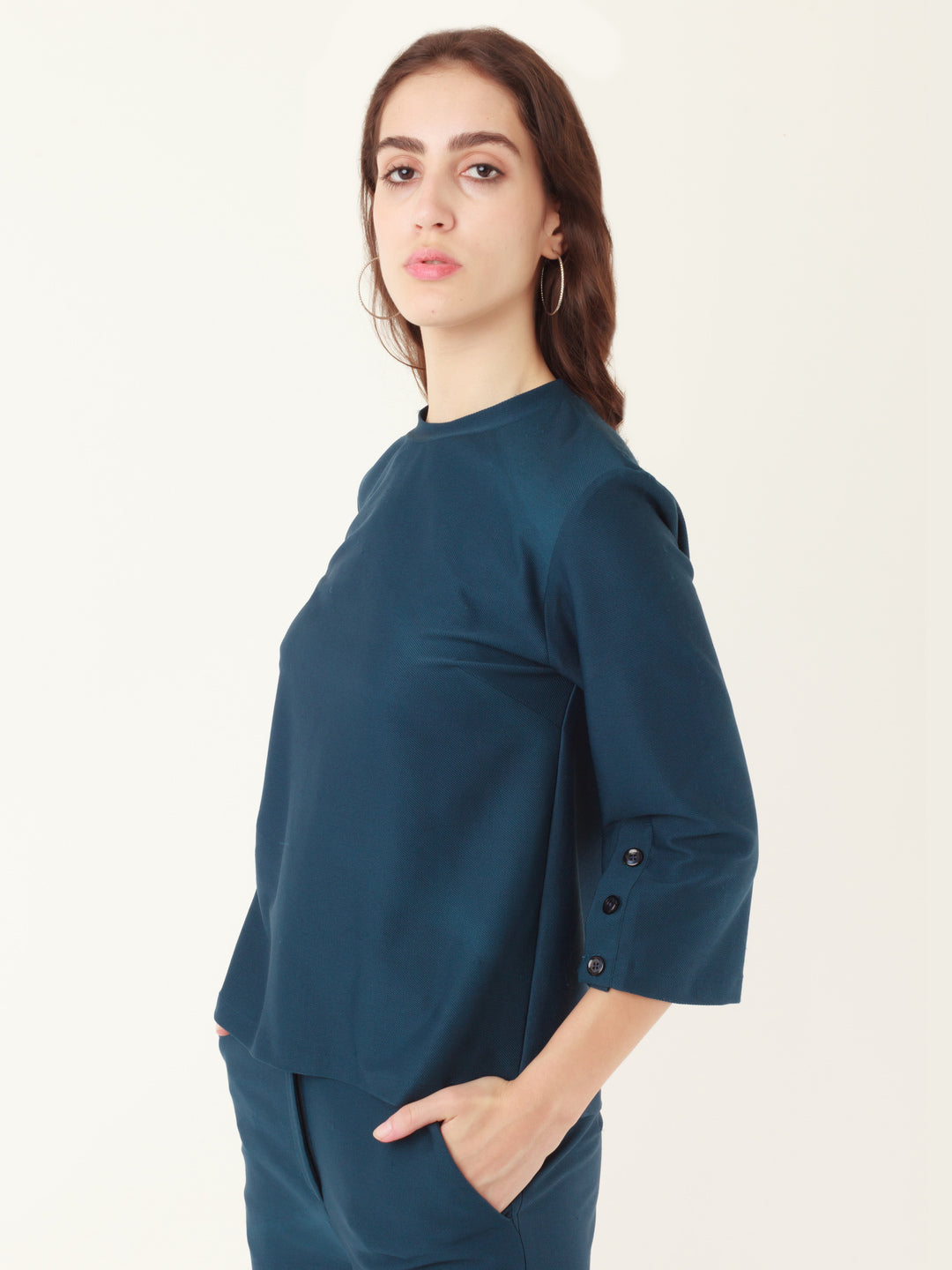 Blue Solid Slit Sleeve Top For Women